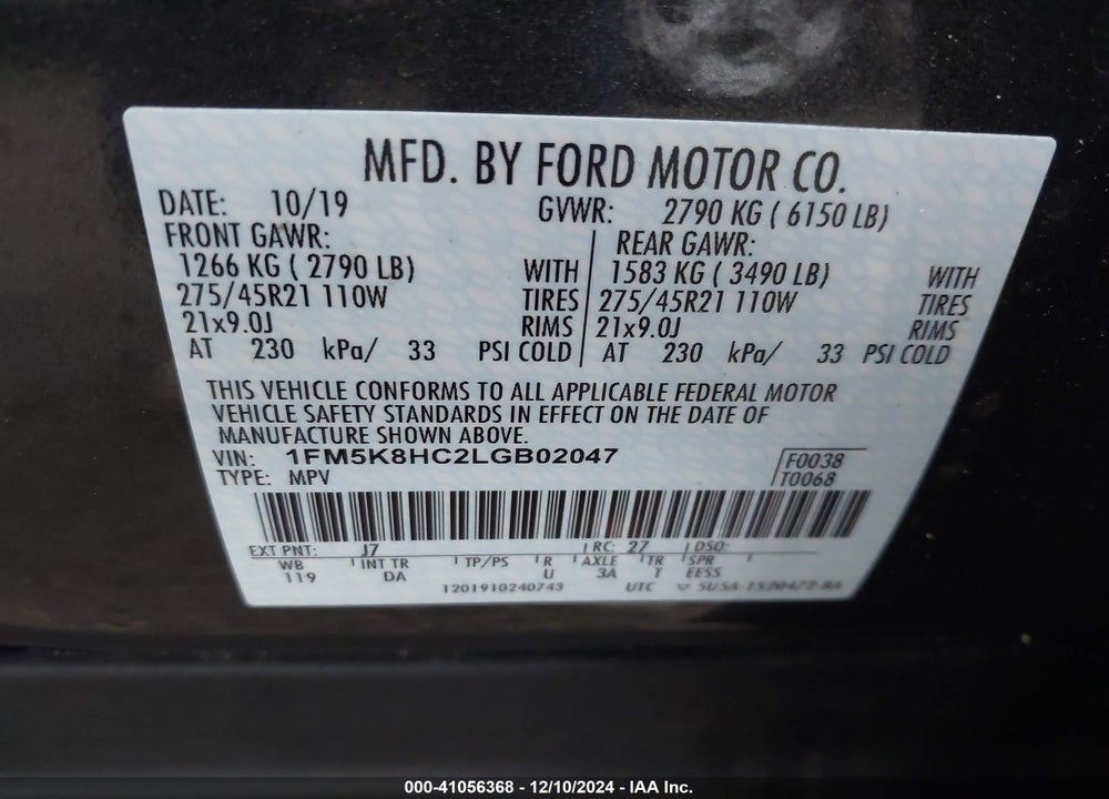 2020 FORD EXPLORER PLATINUM VIN: 1FM5K8HC2LGB02047