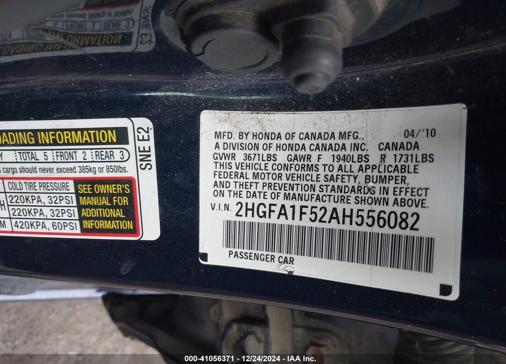2010 HONDA CIVIC LX VIN: 2HGFA1F52AH556082