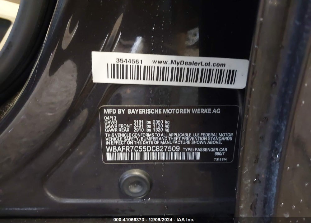 2013 BMW 535I VIN: WBAFR7C55DC827509