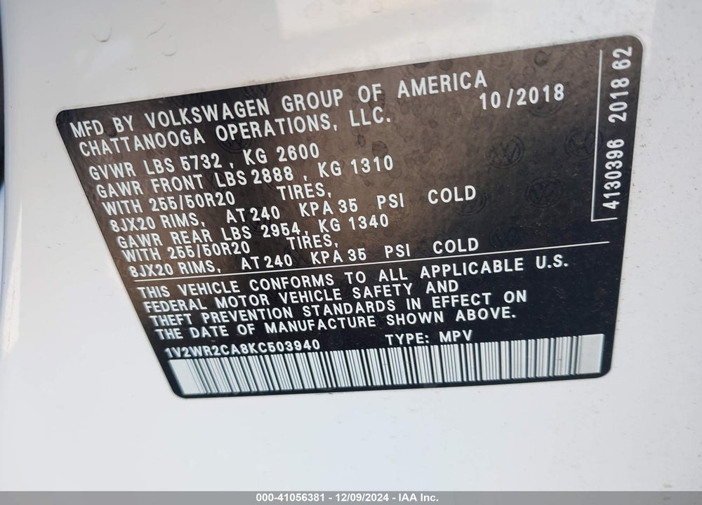 2019 VOLKSWAGEN ATLAS VIN: 1V2WR2CA8KC503940