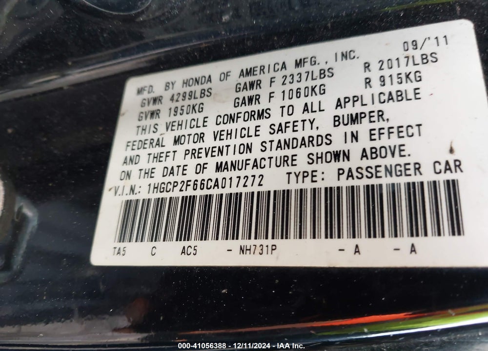 2012 HONDA ACCORD 2.4 SE VIN: 1HGCP2F66CA017272