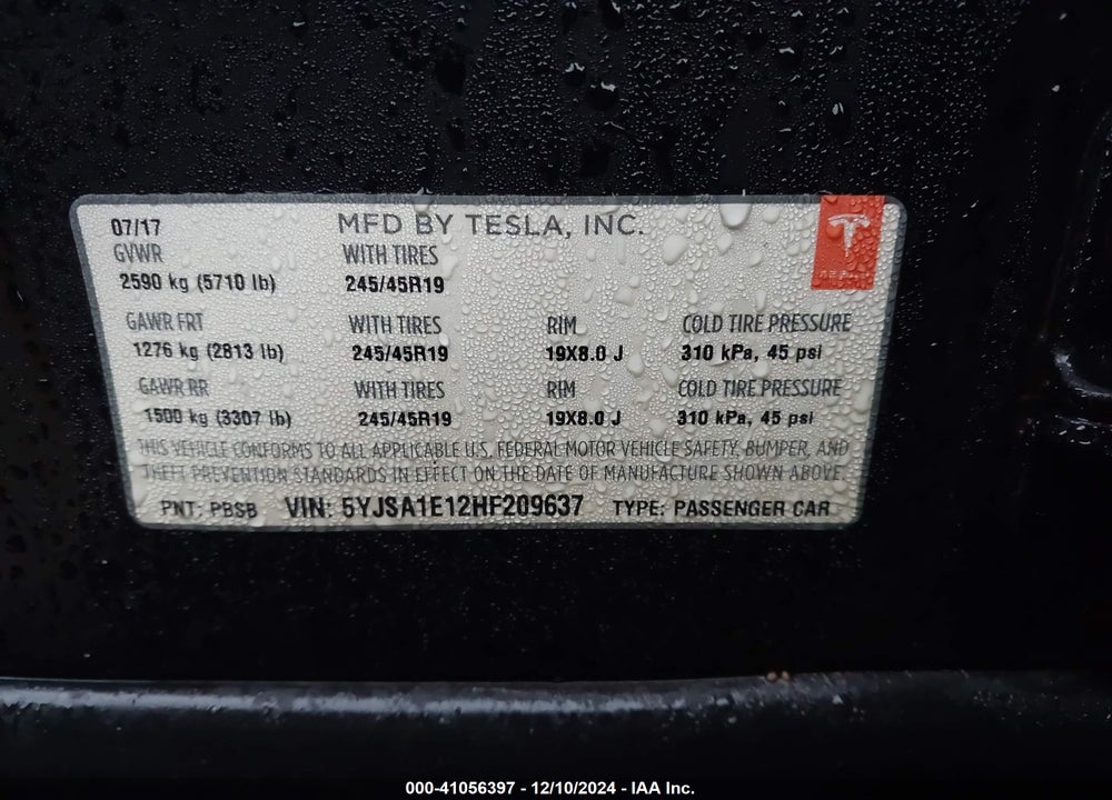 2017 TESLA MODEL S 60/75 VIN: 5YJSA1E12HF209637