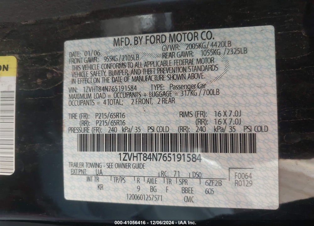 2006 FORD MUSTANG V6 VIN: 1ZVHT84N765191584