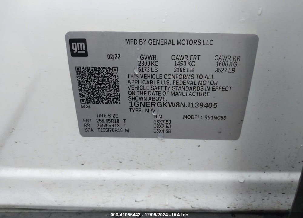 2022 CHEVROLET TRAVERSE VIN: 1GNERGKW8NJ139405