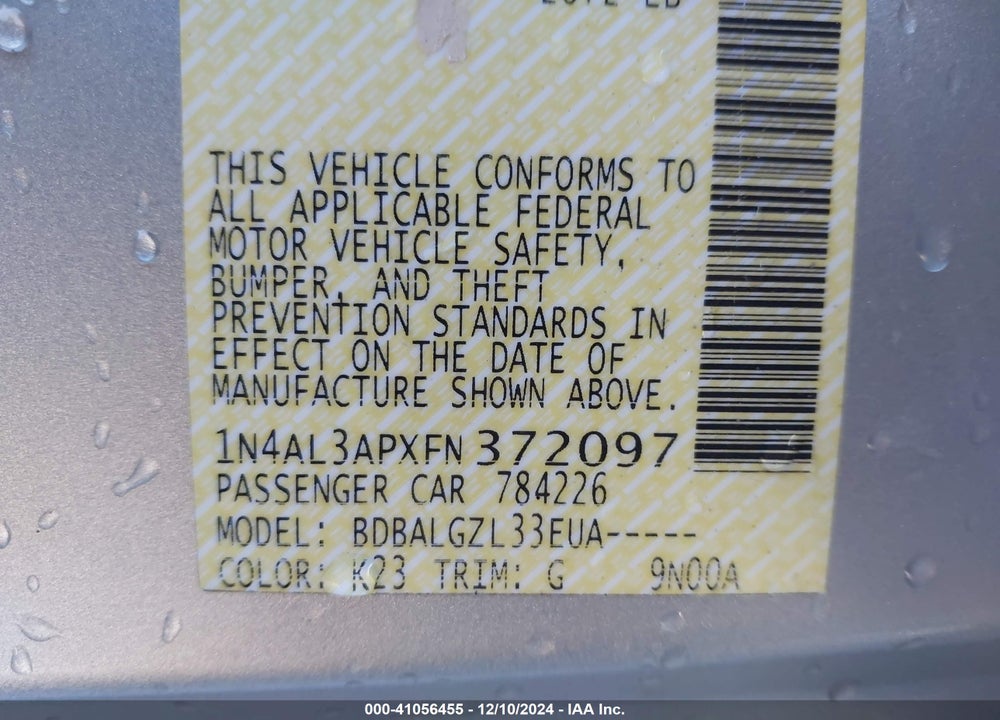 2015 NISSAN ALTIMA 2.5/2.5 S/2.5 SL/2.5 SV VIN: 1N4AL3APXFN372097