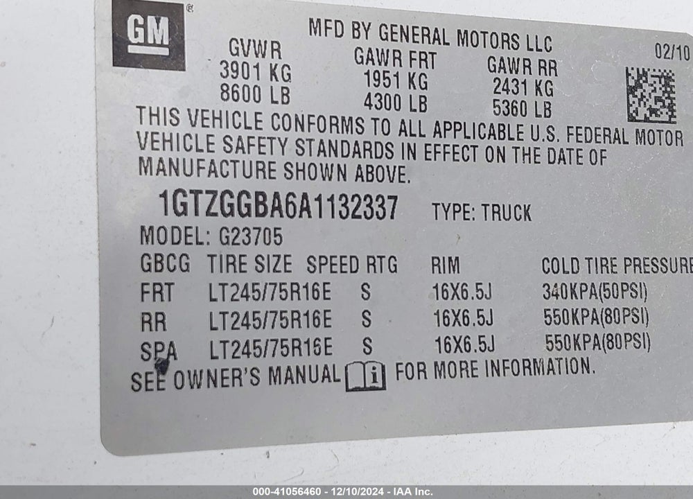 2010 GMC SAVANA 2500 WORK VAN VIN: 1GTZGGBA6A1132337
