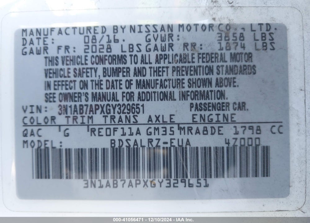 2016 NISSAN SENTRA SR VIN: 3N1AB7APXGY329651