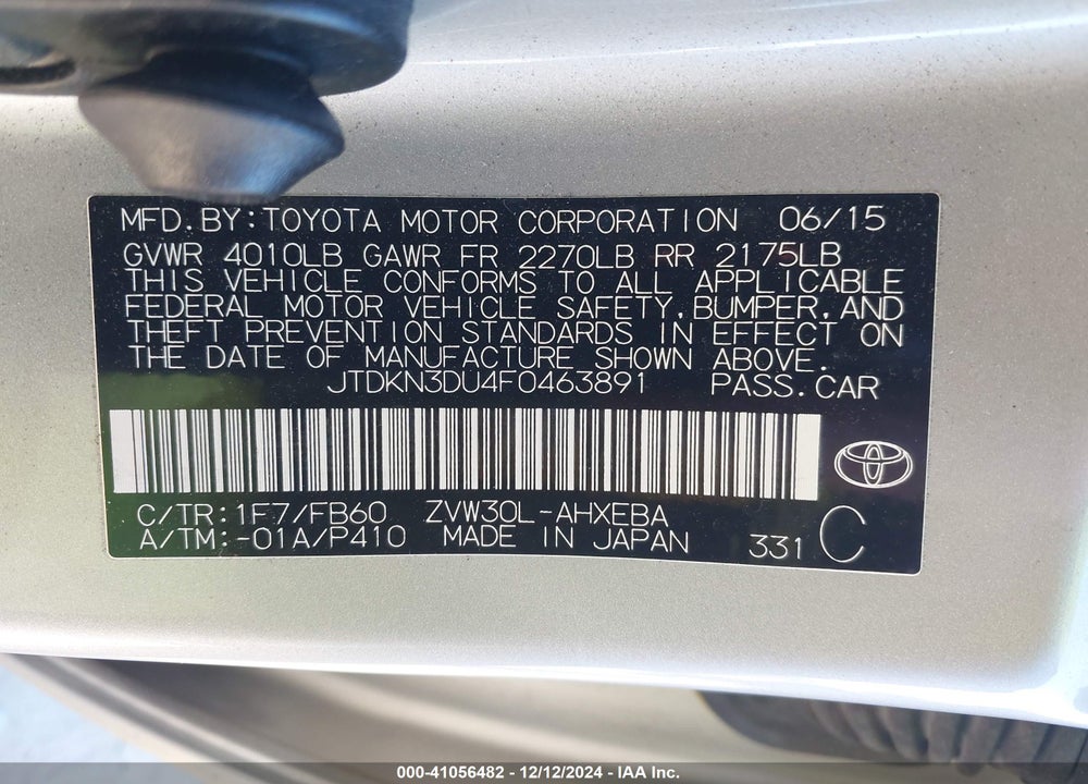 2015 TOYOTA PRIUS TWO VIN: JTDKN3DU4F0463891