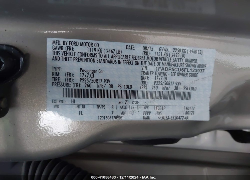 2015 FORD C-MAX ENERGI SEL VIN: 1FADP5CU6FL123937