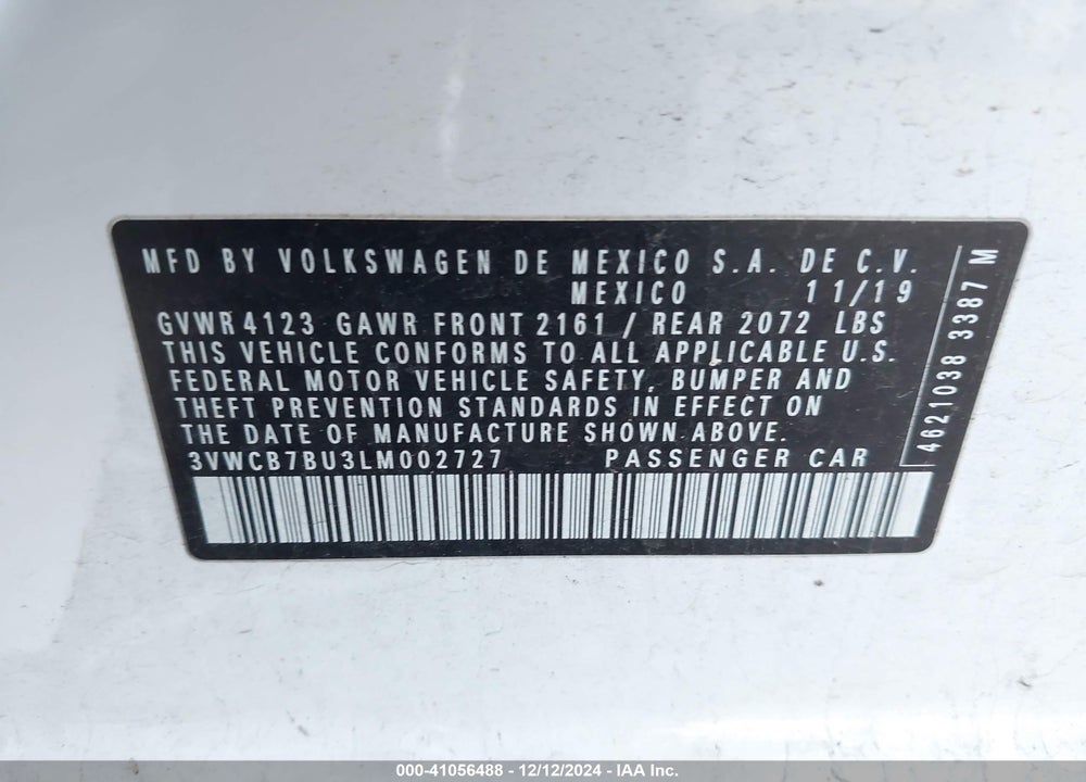 2020 VOLKSWAGEN JETTA 1.4T R-LINE/1.4T S/1.4T SE VIN: 3VWCB7BU3LM002727