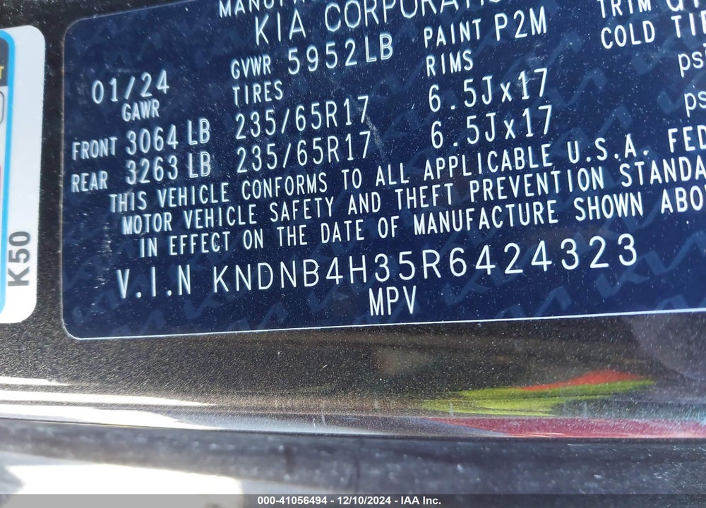 2024 KIA CARNIVAL MPV LX SEAT PACKAGE VIN: KNDNB4H35R6424323
