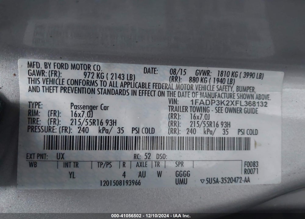 2015 FORD FOCUS VIN: 1FADP3K2XFL368132