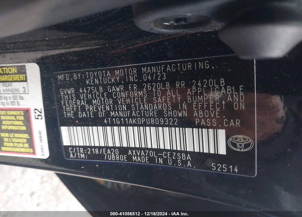 2023 TOYOTA CAMRY VIN: 4T1G11AK0PU809322