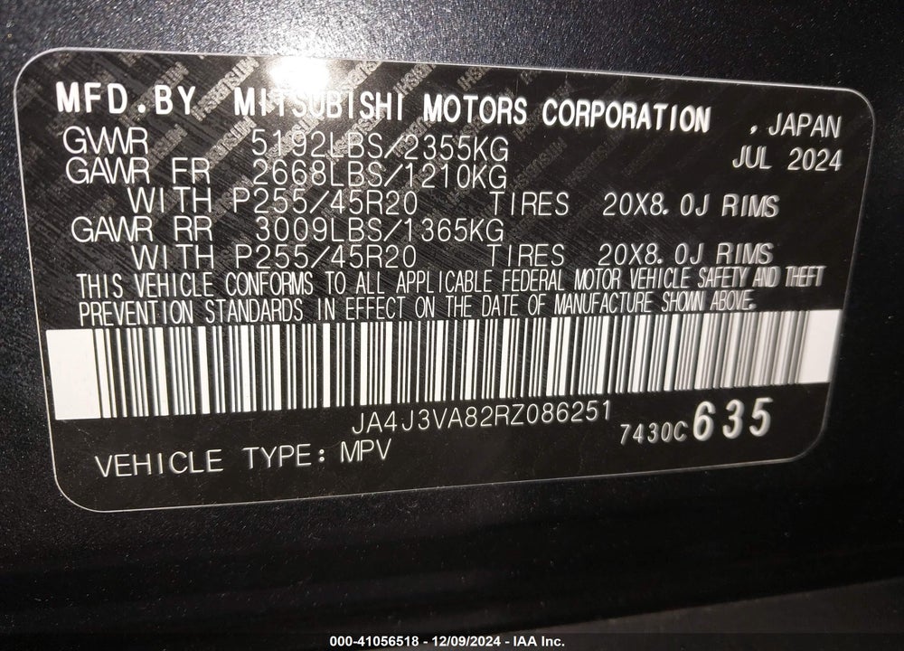 2024 MITSUBISHI OUTLANDER SE 2.5 2WD/SE BLACK EDITION S-AWC/SE BLACK EDITION W/PANO ROOF VIN: JA4J3VA82RZ086251