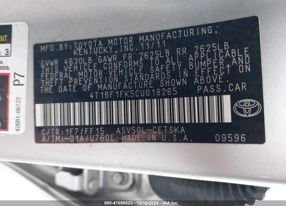 2012 TOYOTA CAMRY SE VIN: 4T1BF1FK5CU018265