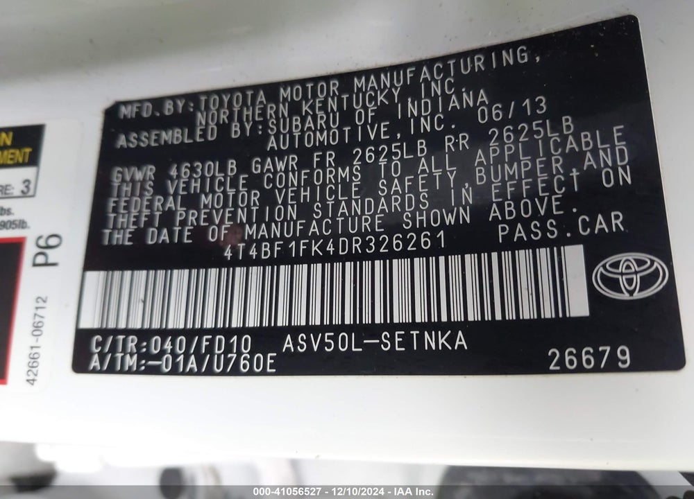 2013 TOYOTA CAMRY LE VIN: 4T4BF1FK4DR326261