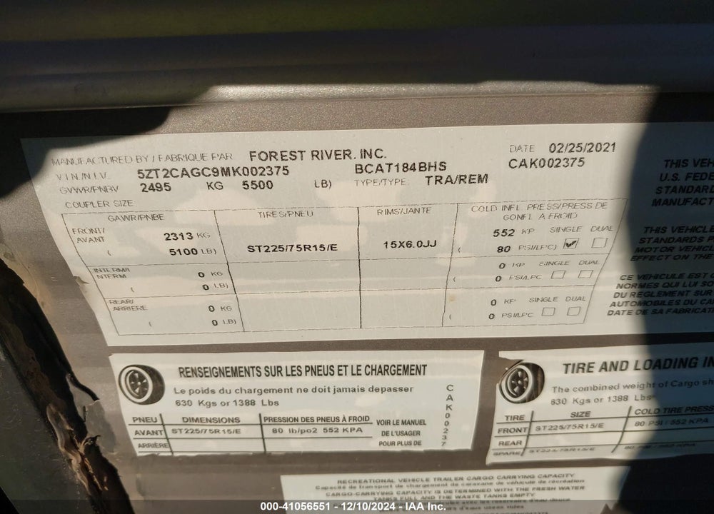 2021 COACHMEN CATALINA VIN: 5ZT2CAGC9MK002375