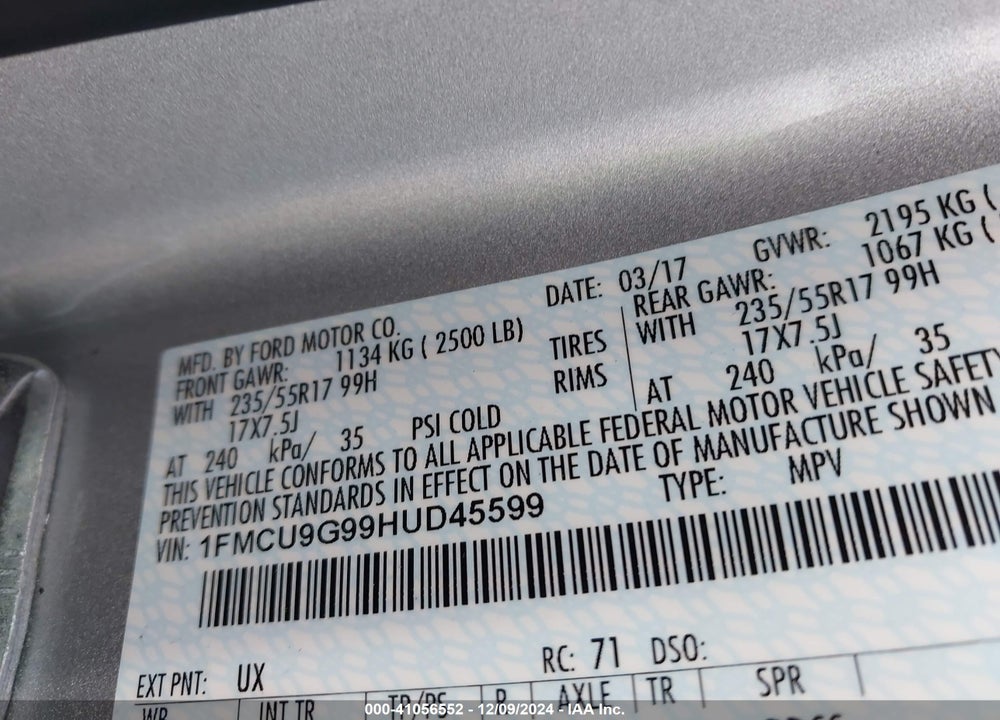 2017 FORD ESCAPE SE VIN: 1FMCU9G99HUD45599