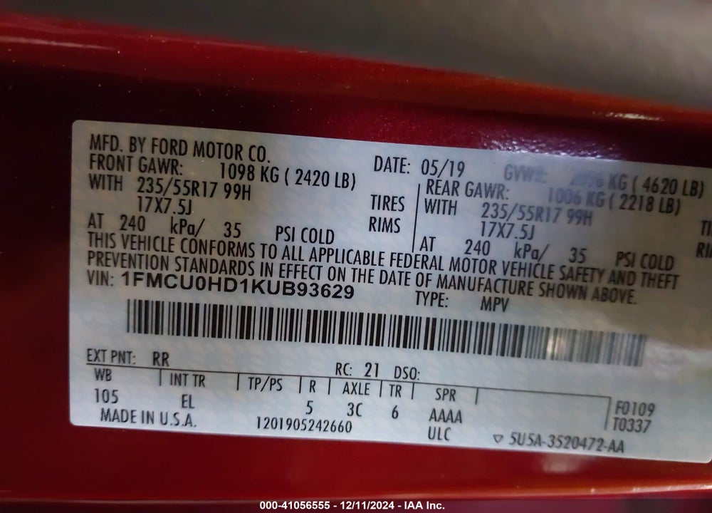2019 FORD ESCAPE SEL VIN: 1FMCU0HD1KUB93629