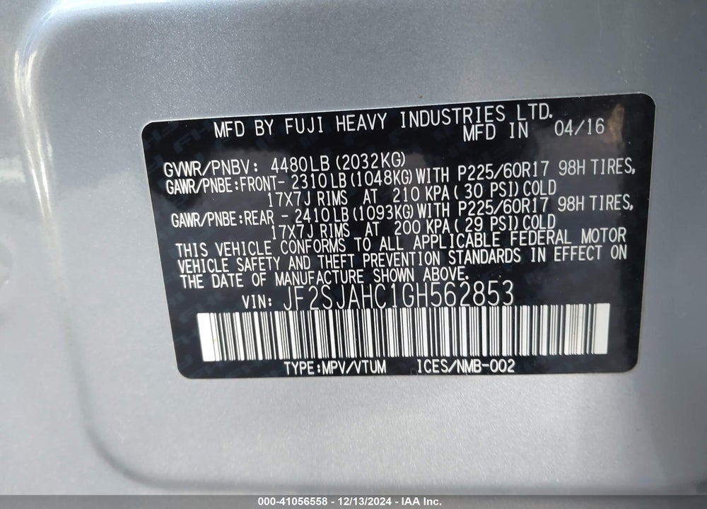 2016 SUBARU FORESTER 2.5I LIMITED VIN: JF2SJAHC1GH562853