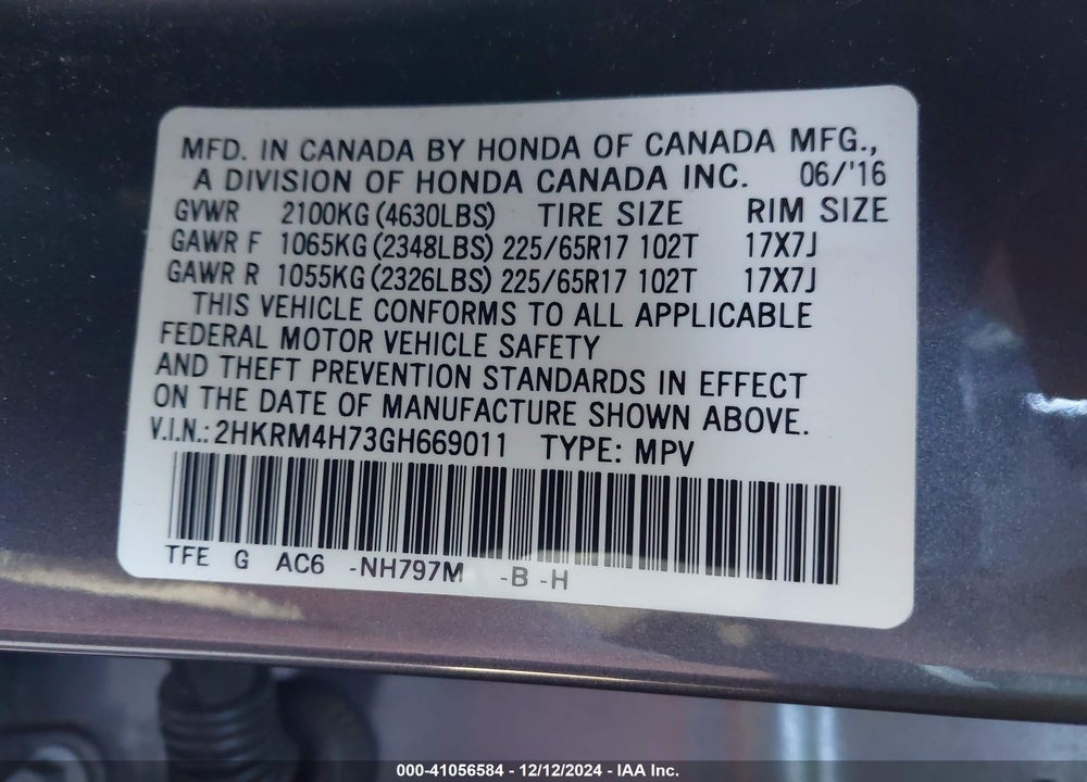 2016 HONDA CR-V EX-L VIN: 2HKRM4H73GH669011