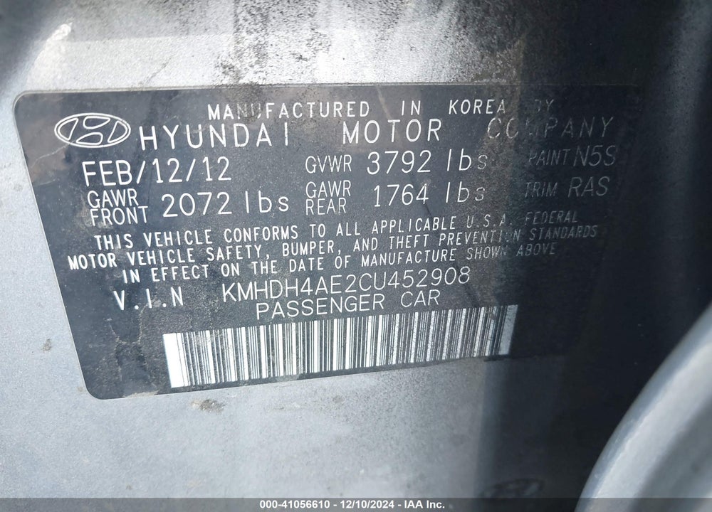 2012 HYUNDAI ELANTRA VIN: KMHDH4AE2CU452908