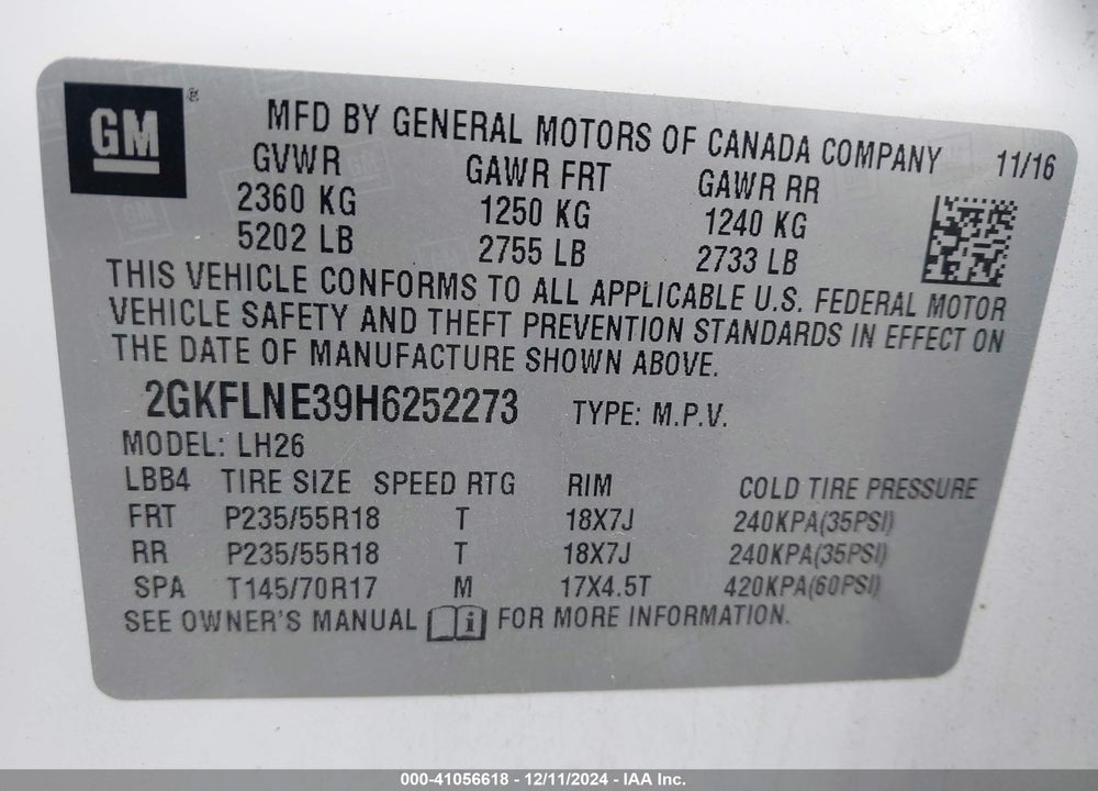 2017 GMC TERRAIN SLE-2 VIN: 2GKFLNE39H6252273