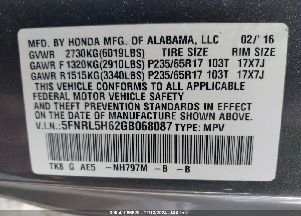 2016 HONDA ODYSSEY EX-L VIN: 5FNRL5H62GB068087
