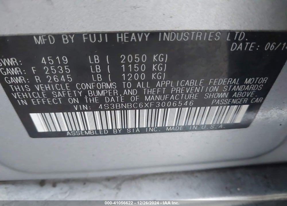 2015 SUBARU LEGACY VIN: 4S3BNBC6XF3006546