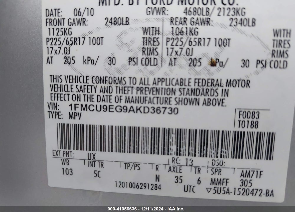 2010 FORD ESCAPE LIMITED VIN: 1FMCU9EG9AKD36730