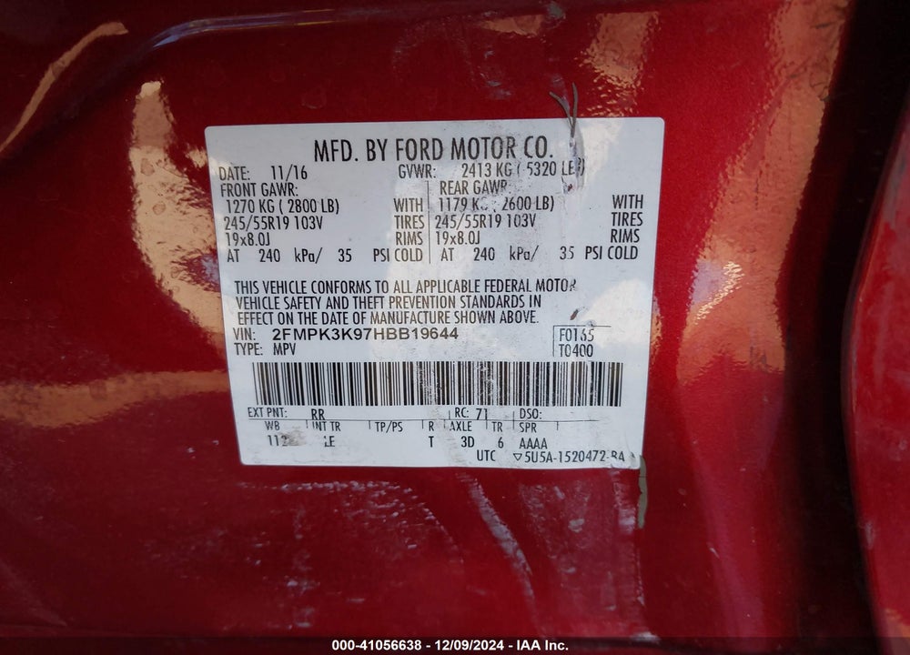 2017 FORD EDGE TITANIUM VIN: 2FMPK3K97HBB19644