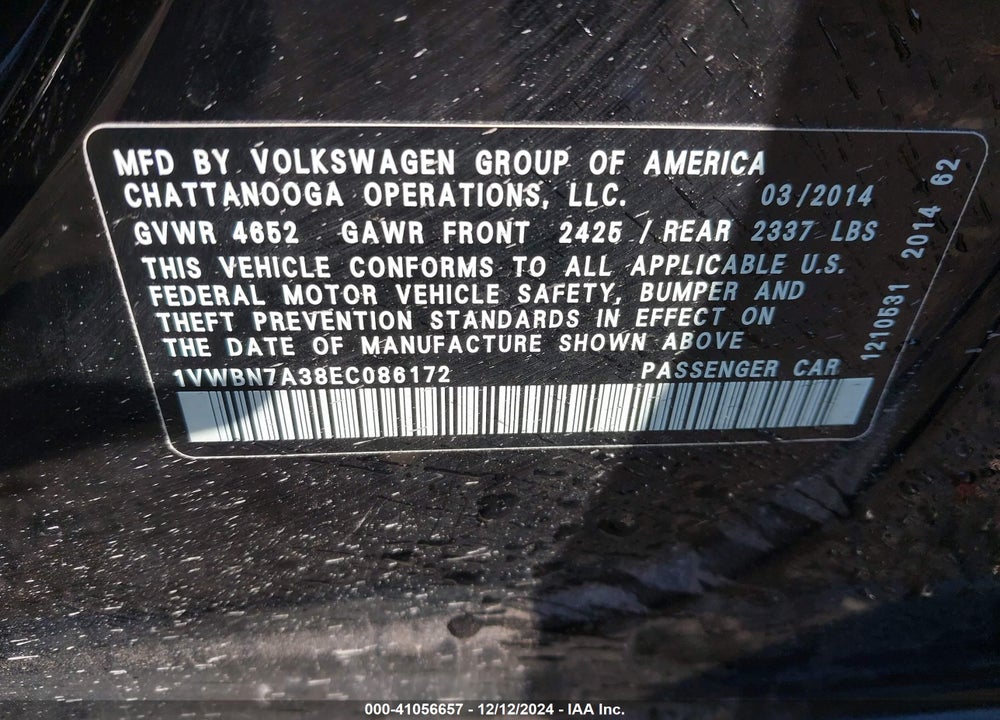 2014 VOLKSWAGEN PASSAT VIN: 1VWBN7A38EC086172