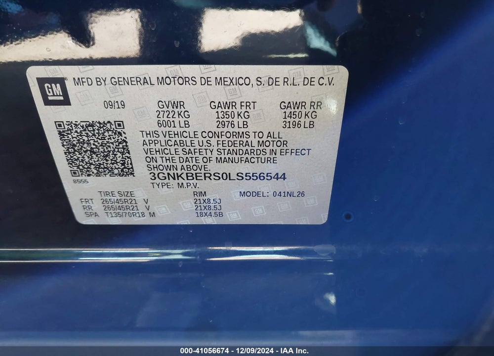 2020 CHEVROLET BLAZER VIN: 3GNKBERS0LS556544