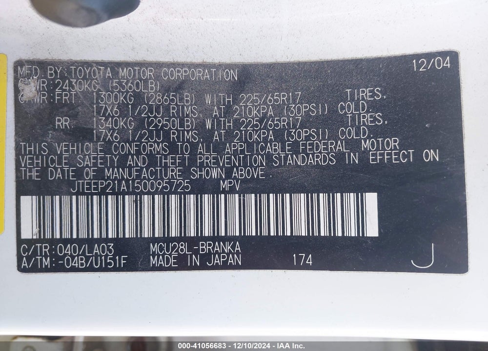 2005 TOYOTA HIGHLANDER LIMITED V6 VIN: JTEEP21A150095725