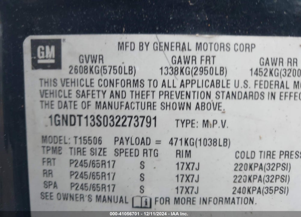 2003 CHEVROLET TRAILBLAZER LTZ VIN: 1GNDT13S032273791