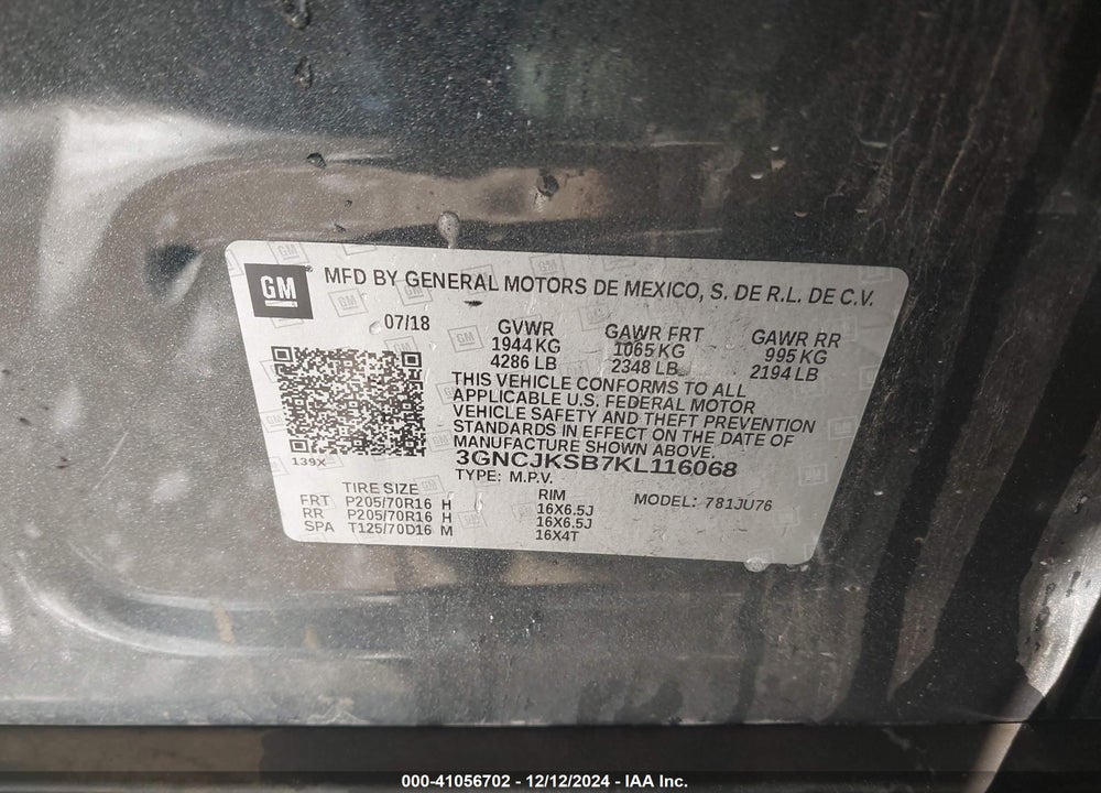 2019 CHEVROLET TRAX LS VIN: 3GNCJKSB7KL116068
