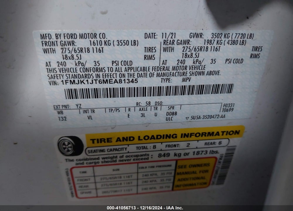 2021 FORD EXPEDITION XLT MAX VIN: 1FMJK1JT6MEA81345