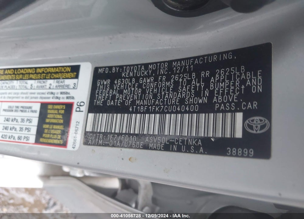 2012 TOYOTA CAMRY VIN: 4T1BF1FK7CU040400