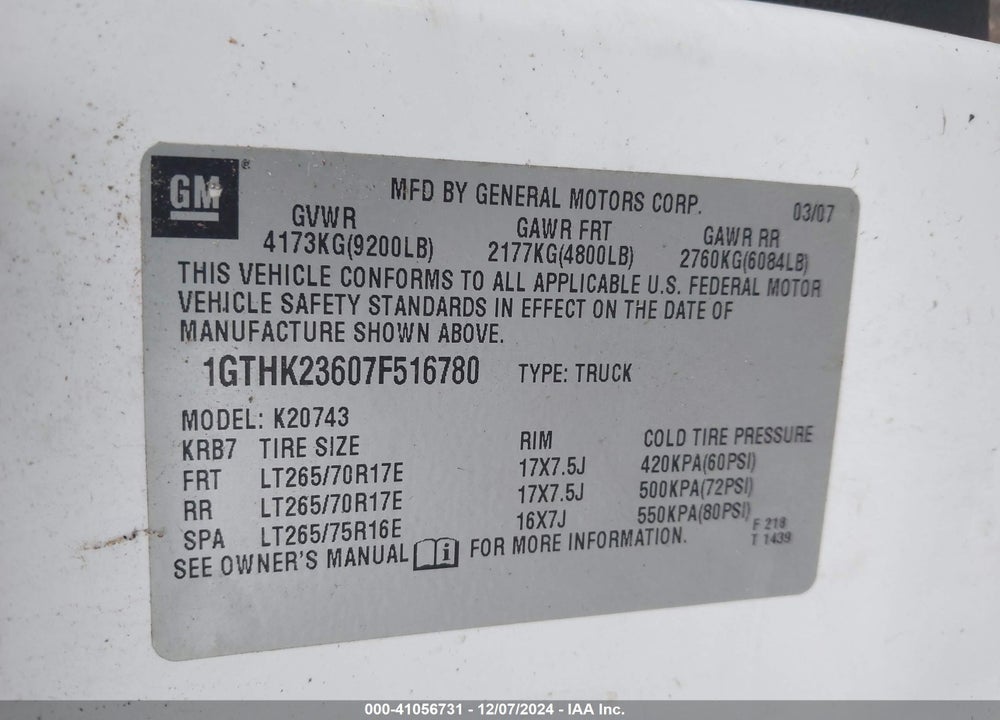 2007 GMC SIERRA 2500HD SLT VIN: 1GTHK23607F516780