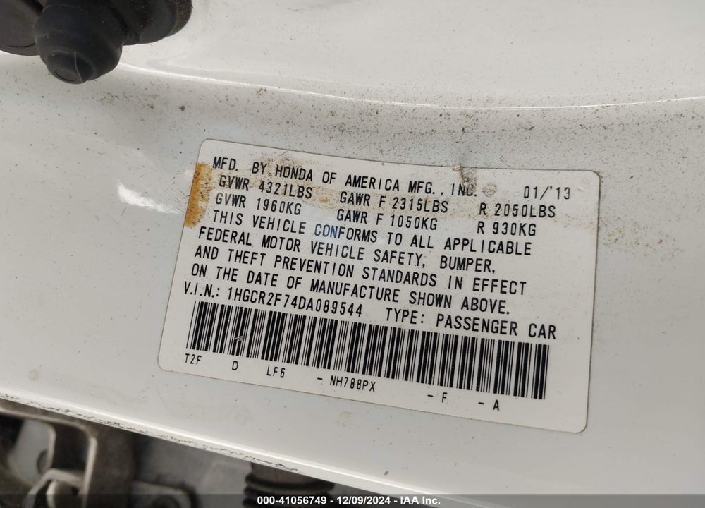 2013 HONDA ACCORD EX VIN: 1HGCR2F74DA089544