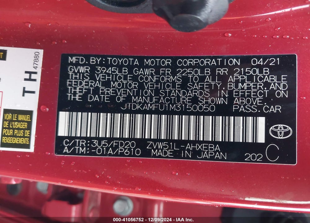 2021 TOYOTA PRIUS VIN: JTDKAMFU1M3150050