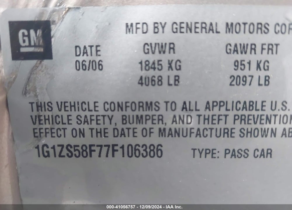 2007 CHEVROLET MALIBU LS VIN: 1G1ZS58F77F106386