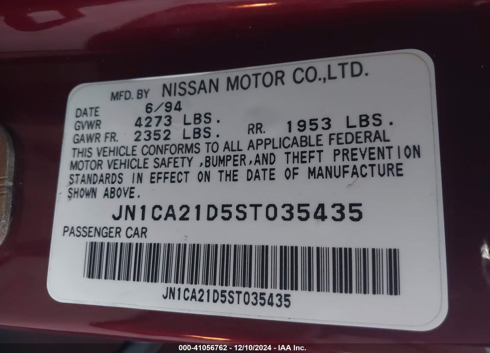 1995 NISSAN MAXIMA GLE/GXE/SE VIN: JN1CA21D5ST035435