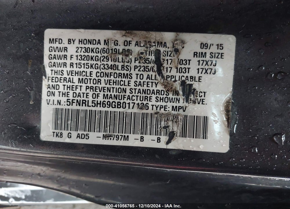 2016 HONDA ODYSSEY EX-L VIN: 5FNRL5H69GB017136