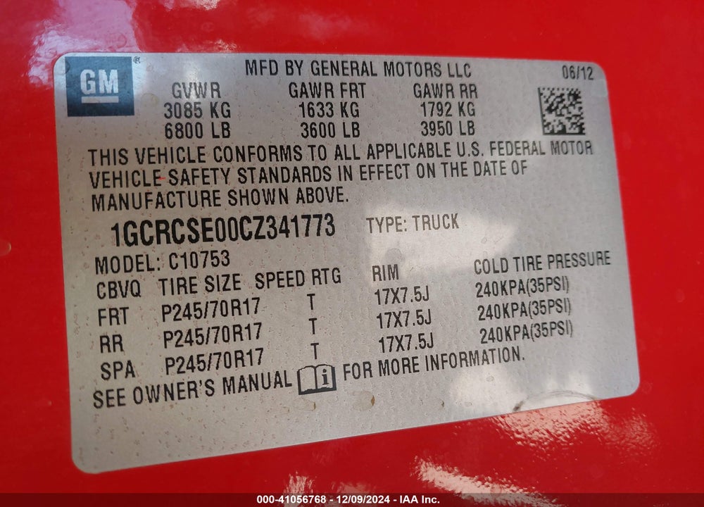 2012 CHEVROLET SILVERADO VIN: 1GCRCSE00CZ341773
