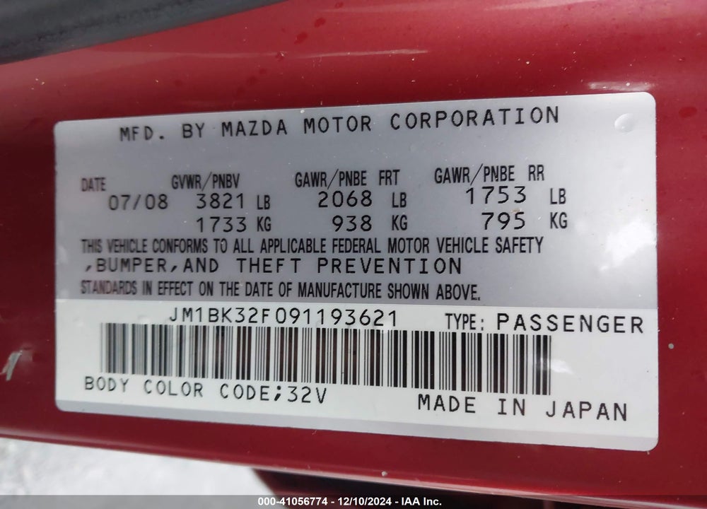 2009 MAZDA 3 I VIN: JM1BK32F091193621