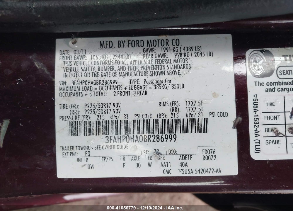 2011 FORD FUSION VIN: 3FAHP0HA0BR286999