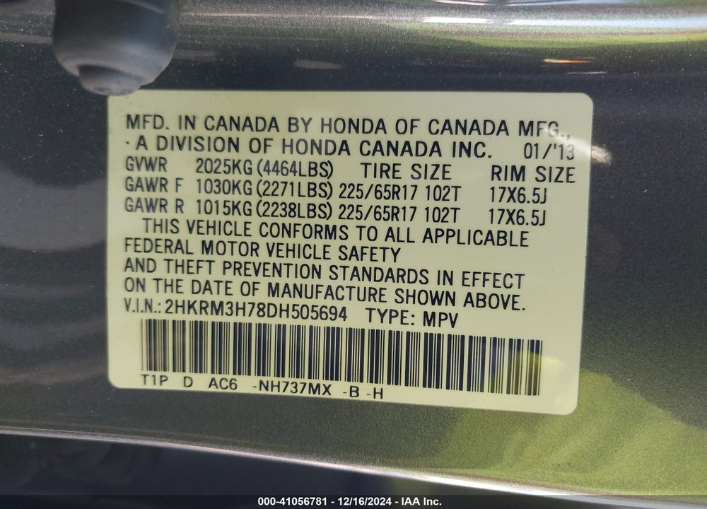 2013 HONDA CR-V EX-L VIN: 2HKRM3H78DH505694