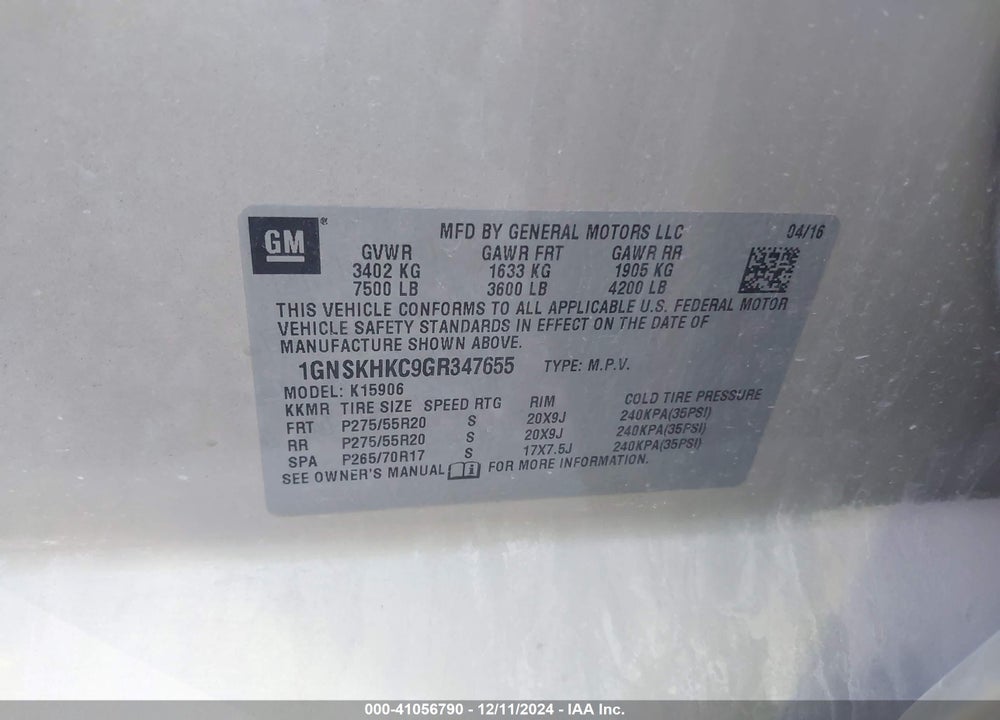 2016 CHEVROLET SUBURBAN LT VIN: 1GNSKHKC9GR347655
