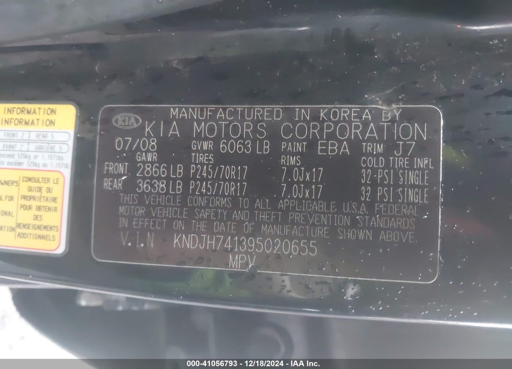 2009 KIA BORREGO LX V6 VIN: KNDJH741395020655